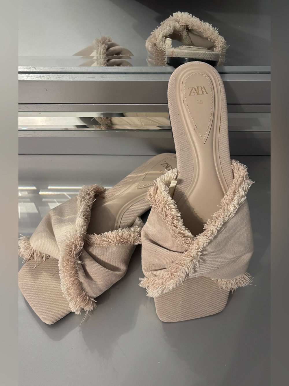 Zara Neutral Frayed Cross-Band Slide Mules in Beige